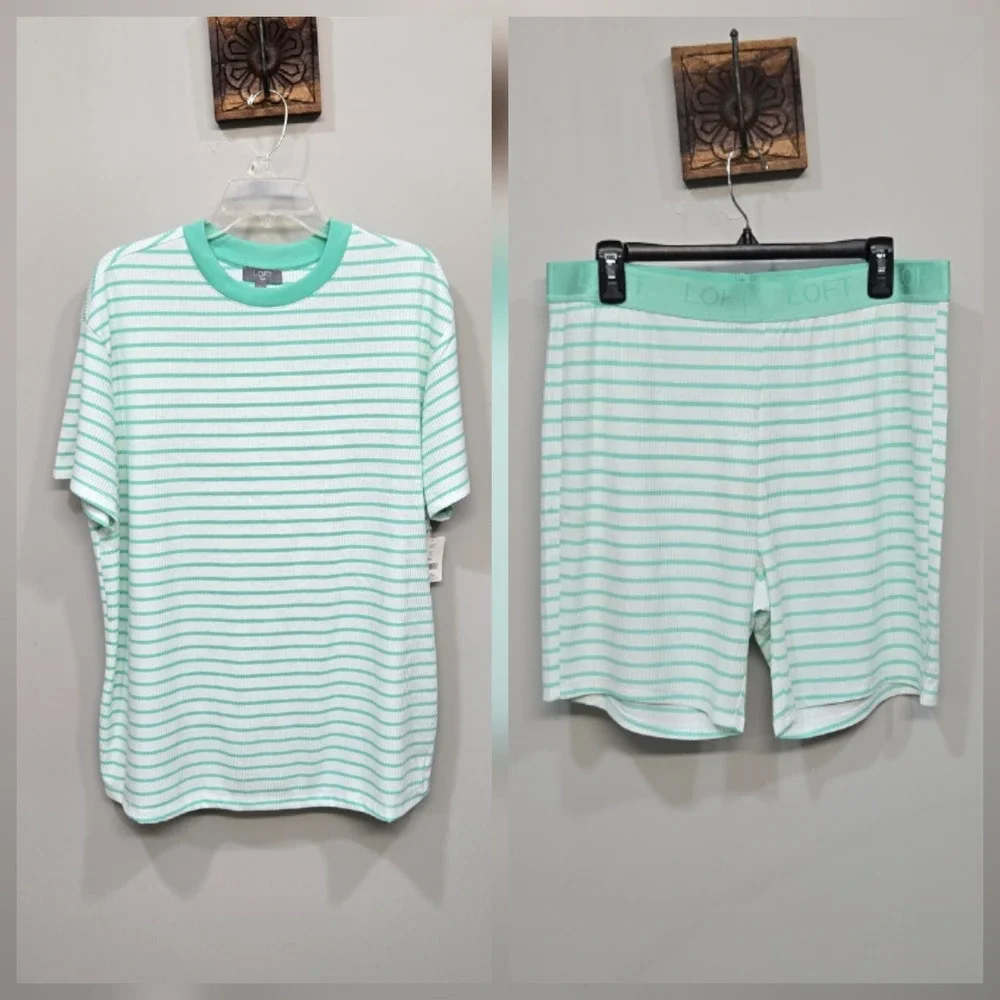 Loft 2 Piece Bike Short Pajama Set Large Green Striped Ribbed Jersey Knit Lounge